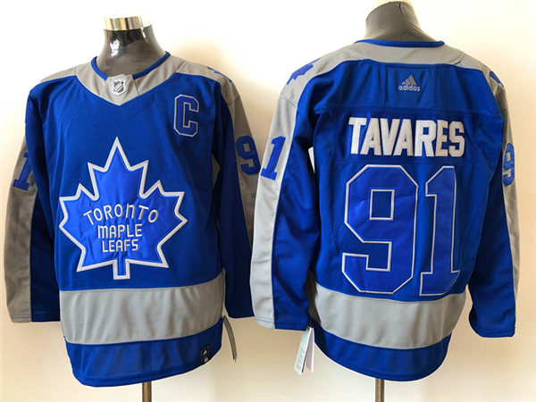 Men's Toronto Maple Leafs #91 John Tavares Blue 2021 adidas NHL REVERSE RETRO JERSEYS