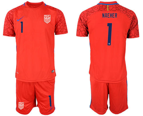 Men's USA #1 Naeher Red Goalkeeper  Jersey