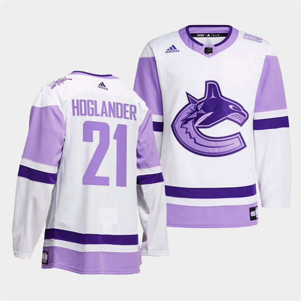 Men's Vancouver Canucks #21 Nils Hoglander 2021-22 White Purple Hockey Fights Cancer Primegreen Jersey Stitched