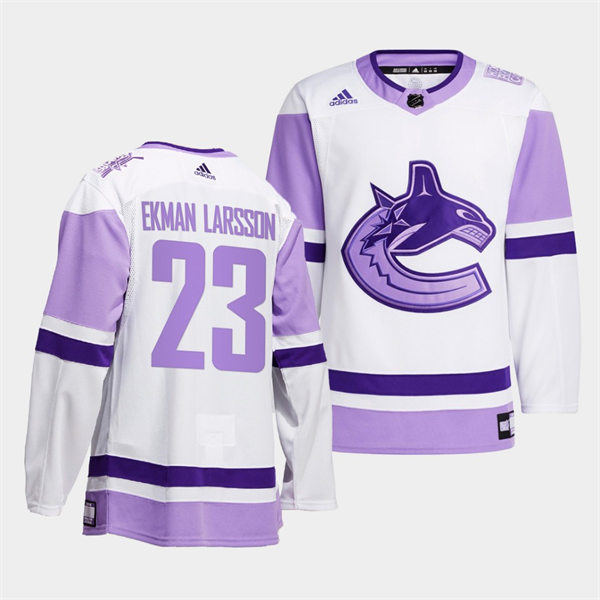Men's Vancouver Canucks #23 Oliver Ekman-Larsson 2021-22 White Purple Hockey Fights Cancer Primegreen Stitched