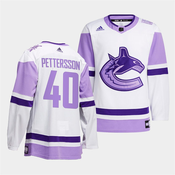 Men's Vancouver Canucks #40 Elias Pettersson 2021-22 White Purple Hockey Fights Cancer Primegreen Jersey Stitched