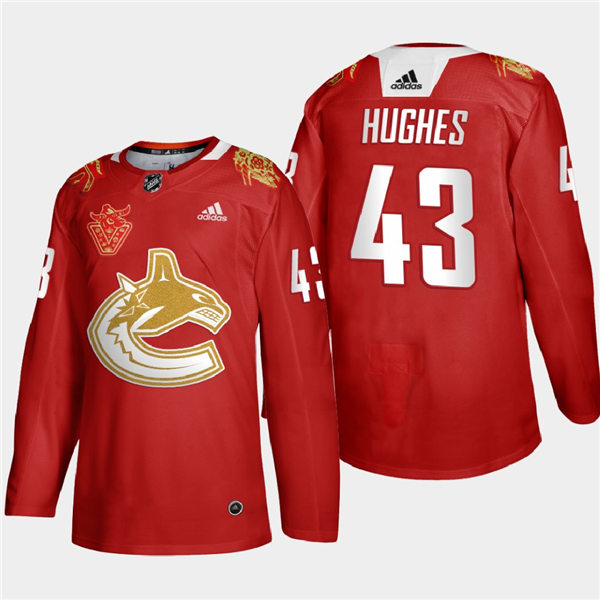 Men's Vancouver Canucks #43 Quinn Hughes adidas 2021 Chinese New Year Red Jersey Stitched
