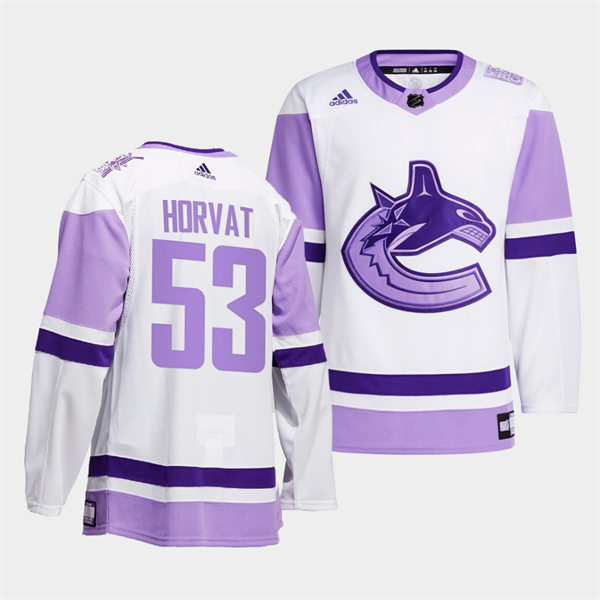 Men's Vancouver Canucks #53 Bo Horvat 2021-22 White Purple Hockey Fights Cancer Primegreen Jersey Stitched