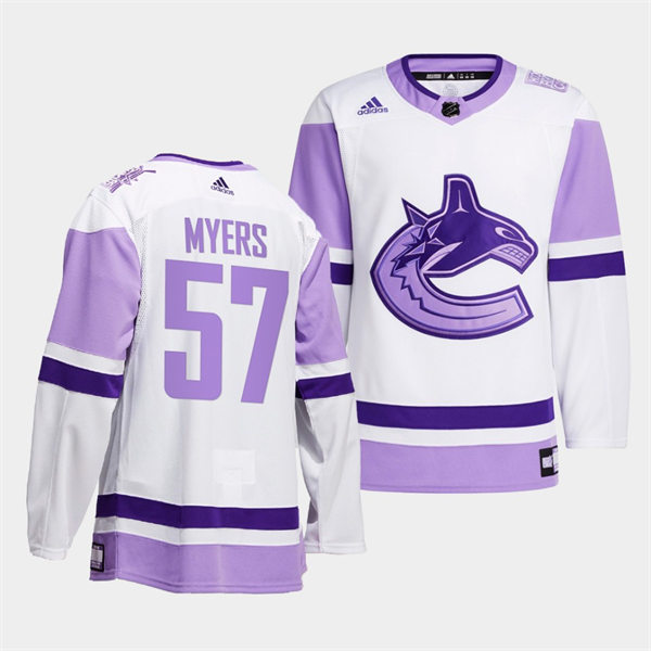 Men's Vancouver Canucks #57 Tyler Myers 2021-22 White Purple Hockey Fights Cancer Primegreen Jersey Stitched
