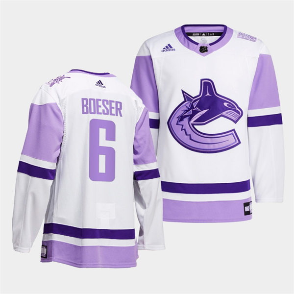 Men's Vancouver Canucks #6 Brock Boeser 2021-22 White Purple Hockey Fights Cancer Primegreen Jersey Stitched