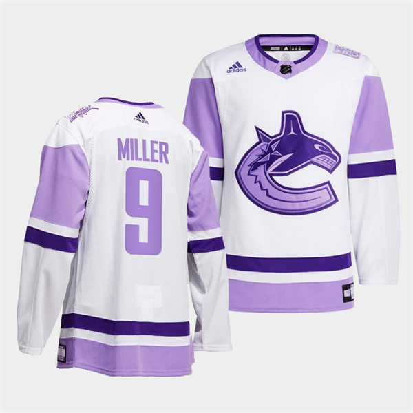 Men's Vancouver Canucks #9 J. T. Miller 2021-22 White Purple Hockey Fights Cancer Primegreen Jersey Stitched