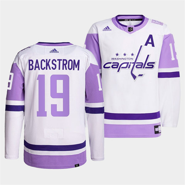 Men's Washington Capitals #19 Nicklas Backstrom adidas White Purple Hockey Fights Cancer Primegreen Practice Player Jersey
