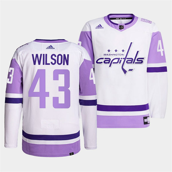 Men's Washington Capitals #43 Tom Wilson adidas White Purple Hockey Fights Cancer Primegreen Practice Player Jersey Stitched