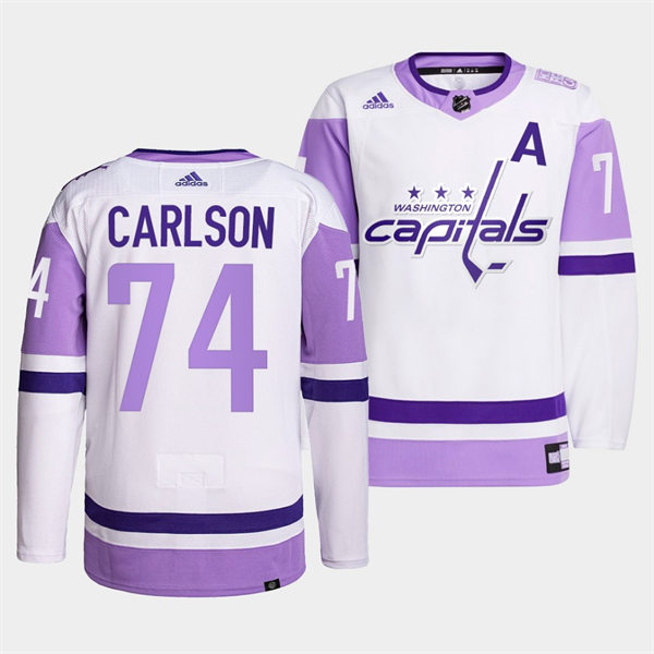 Men's Washington Capitals #74 John Carlson adidas White Purple Hockey Fights Cancer Primegreen Practice Player Jersey Stitched