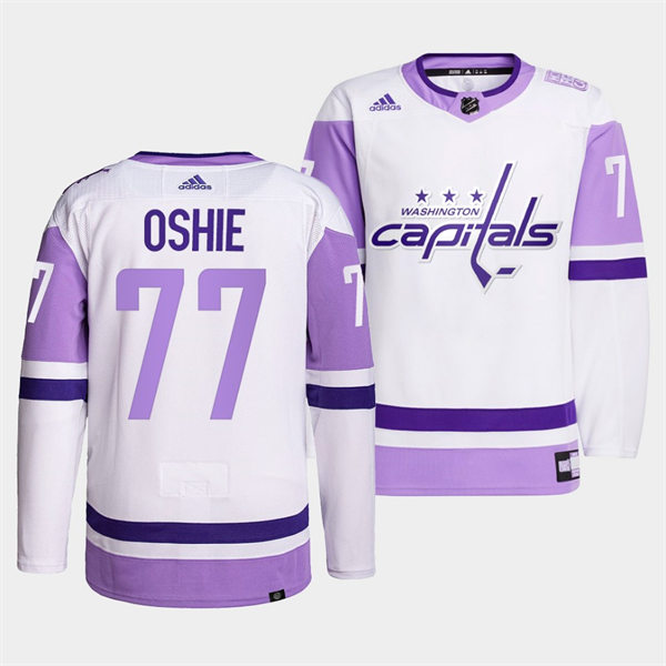 Men's Washington Capitals #77 T. J. Oshie adidas White Purple Hockey Fights Cancer Primegreen Practice Player Jersey Stitched