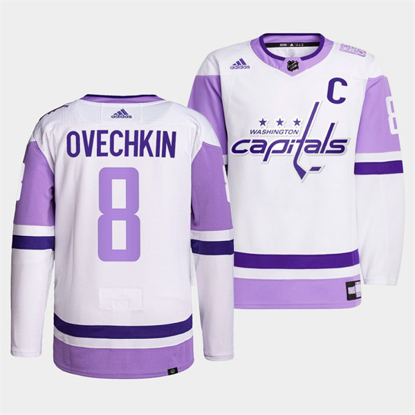 Men's Washington Capitals #8 Alexander Ovechkin adidas White Purple Hockey Fights Cancer Primegreen Practice Player Jersey