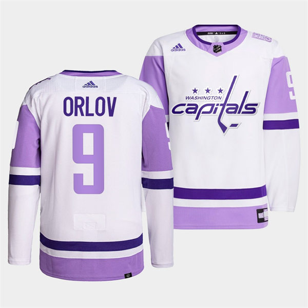 Men's Washington Capitals #9 Dmitry Orlov adidas White Purple Hockey Fights Cancer Primegreen Practice Player Jersey Stitched