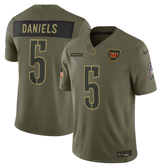 Men's Washington Commanders #5 Jayden Daniels Olive 2025 Salute to Service Limited Football Stitched Jersey