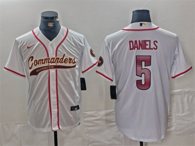 Men's Washington Commanders #5 Jayden Daniels White With Patch Cool Base Stitched Baseball Jersey
