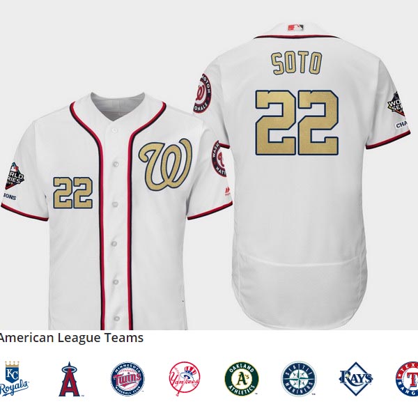 Men's Washington Nationals #22 Juan Soto 2019 World Series Champions White Gold Program Flex Base Jersey