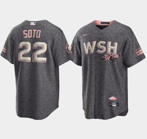 Men's Washington Nationals #22 Juan Soto 2022 Grey City Connect Cherry Blossom Cool Base Stitched Jersey