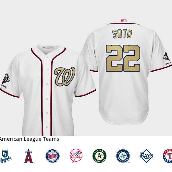 Men's Washington Nationals #22 Juan Soto White 2019 World Series Champions Gold Program Cool Base Jersey