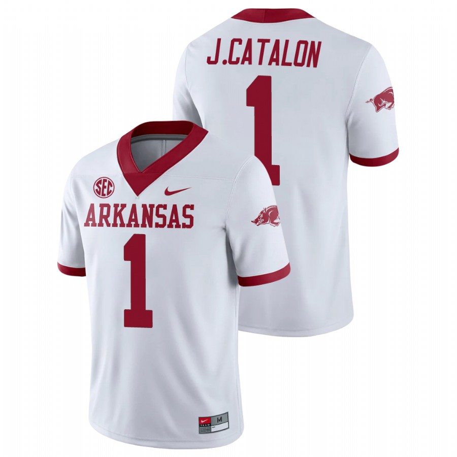 Men's White Arkansas Razorbacks Jalen Catalon College Football Alternate Game Jersey
