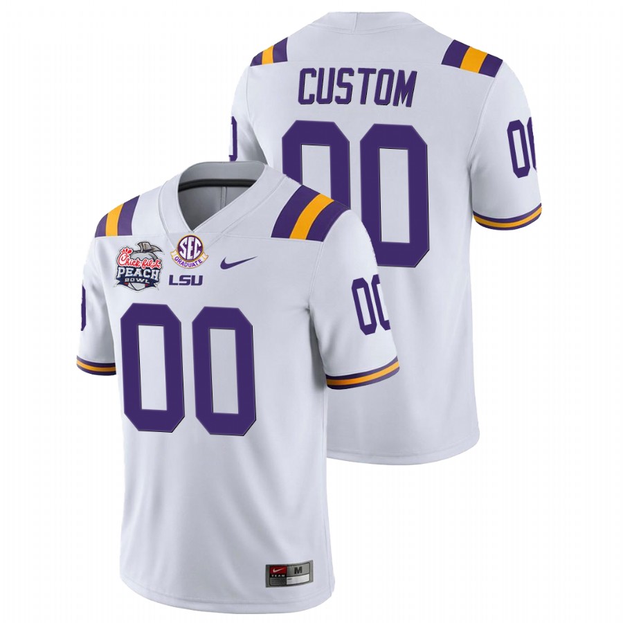 Men's White LSU Tigers Custom College Football Peach Bowl Champions Home Jersey