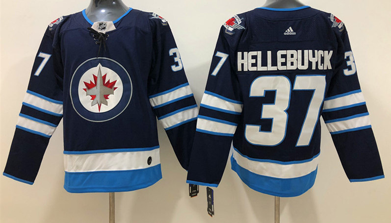 Men's Winnipeg Jets #37 Connor Hellebuyck adidas Navy Home Jersey Stitched