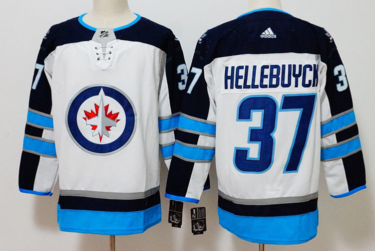 Men's Winnipeg Jets #37 Connor Hellebuyck adidas White Away Jersey Stitched