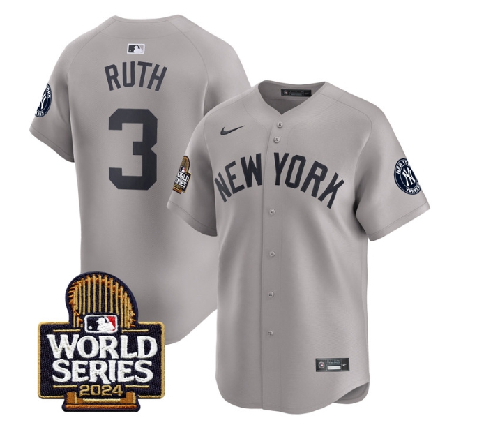 Men's Yankees 2024 World Series Vapor Premier Limited Jersey - All Stitched  GRAY 3 BABE RUTH