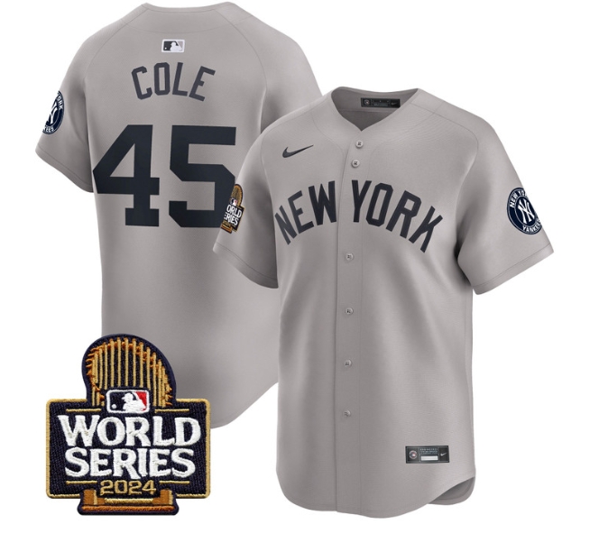 Men's Yankees 2024 World Series Vapor Premier Limited Jersey - All Stitched  GRAY 45 GERRIT COLE