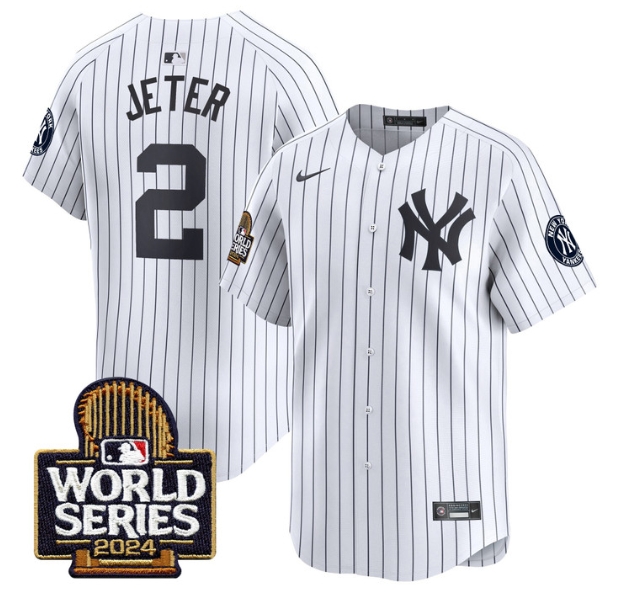 Men's Yankees 2024 World Series Vapor Premier Limited Jersey - All Stitched  WHITE 2 DEREK JETER