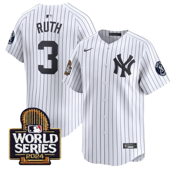 Men's Yankees 2024 World Series Vapor Premier Limited Jersey - All Stitched  WHITE 3 BABE RUTH