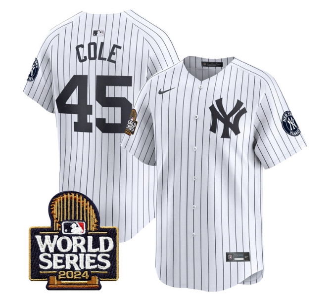 Men's Yankees 2024 World Series Vapor Premier Limited Jersey - All Stitched  WHITE 45 GERRIT COLE
