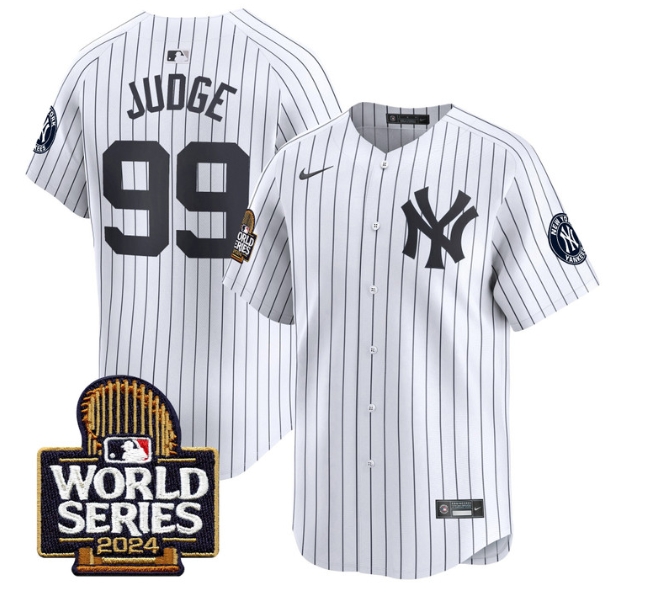 Men's Yankees 2024 World Series Vapor Premier Limited Jersey - All Stitched  WHITE 99 AARON JUDGE