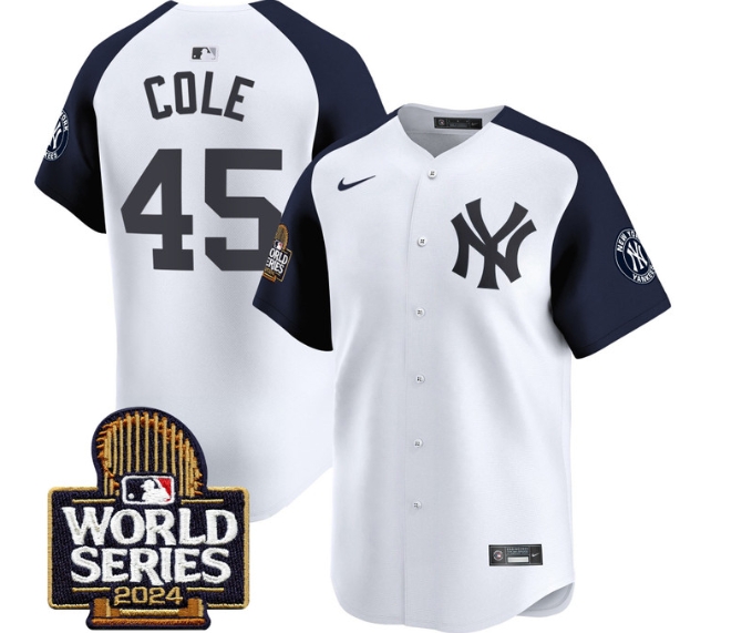 Men's Yankees 2024 World Series Vapor Premier Limited Jersey - All Stitched  WHITE ALTERNATE 45 GERRIT COLE