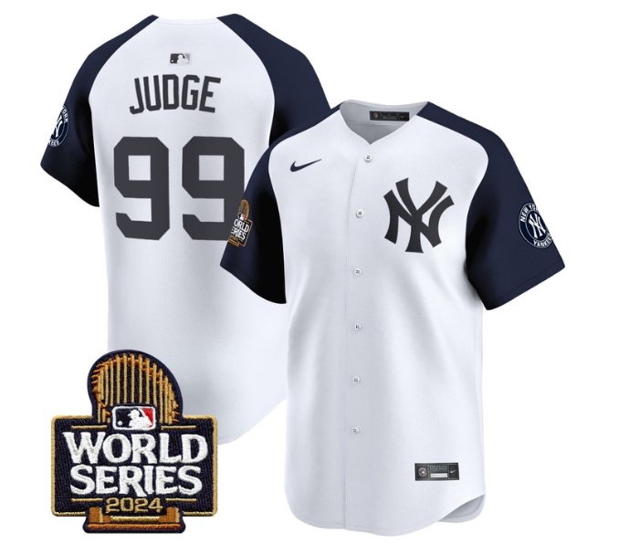 Men's Yankees 2024 World Series Vapor Premier Limited Jersey - All Stitched  WHITE ALTERNATE 99 AARON JUDGE
