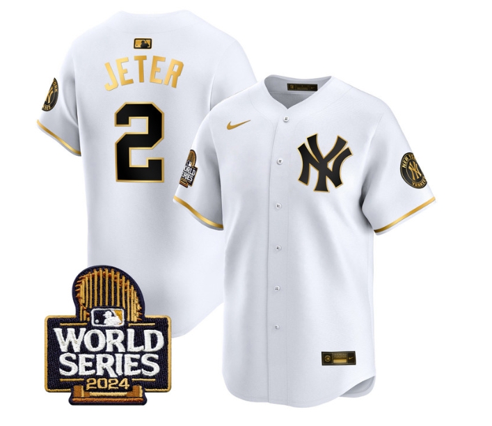 Men's Yankees 2024 World Series Vapor Premier Limited Jersey - All Stitched  WHITE GOLD 2 DEREK JETER