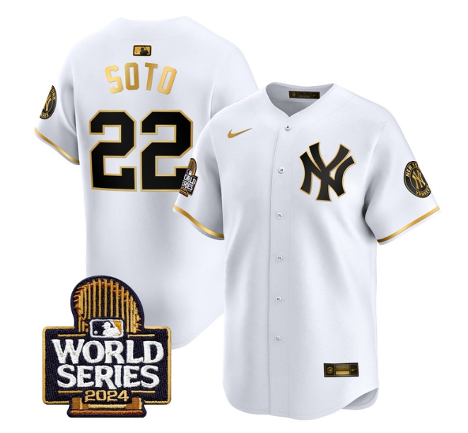 Men's Yankees 2024 World Series Vapor Premier Limited Jersey - All Stitched  WHITE GOLD 22 JUAN SOTO