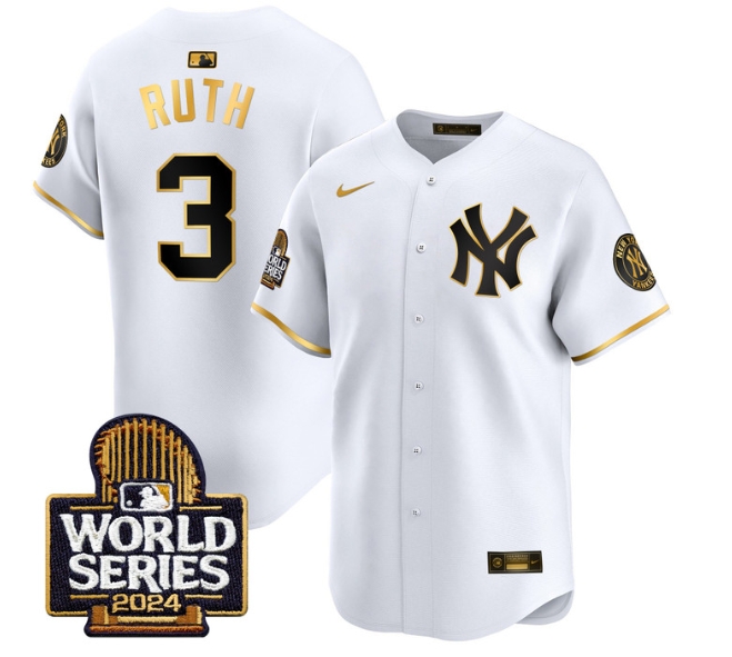 Men's Yankees 2024 World Series Vapor Premier Limited Jersey - All Stitched  WHITE GOLD 3 BABE RUTH
