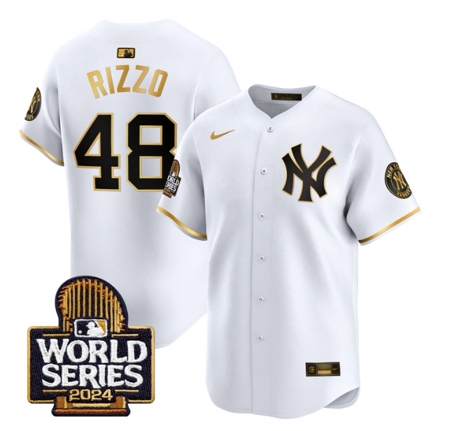 Men's Yankees 2024 World Series Vapor Premier Limited Jersey - All Stitched  WHITE GOLD 48 ANTHONY RIZZO