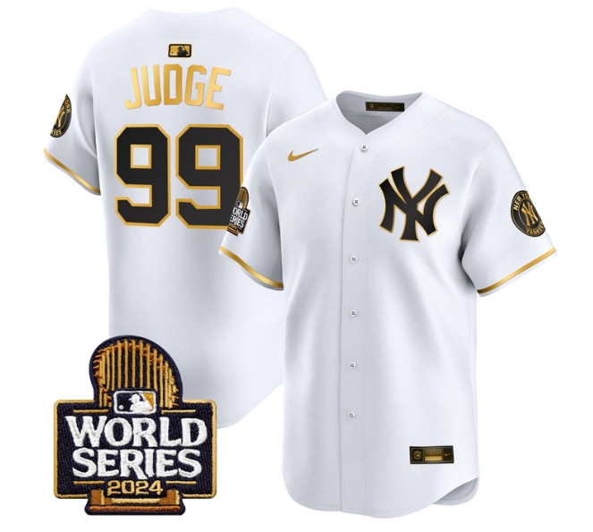 Men's Yankees 2024 World Series Vapor Premier Limited Jersey - All Stitched  WHITE GOLD 99 AARON JUDGE