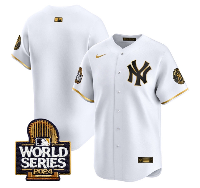 Men's Yankees 2024 World Series Vapor Premier Limited Jersey - All Stitched  WHITE GOLD Blank