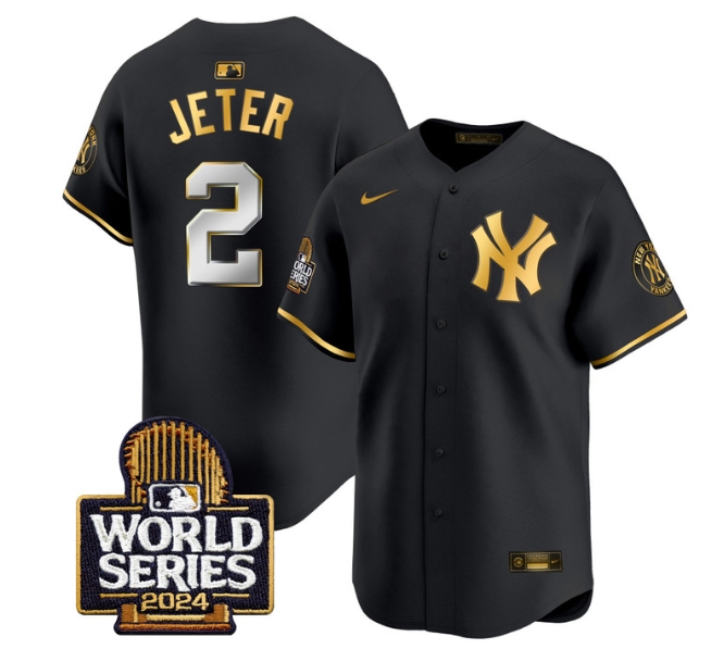 Men's Yankees 2024 World Series Vapor Premier Limited Jersey - All Stitched BLACK GOLD 2 DEREK JETER