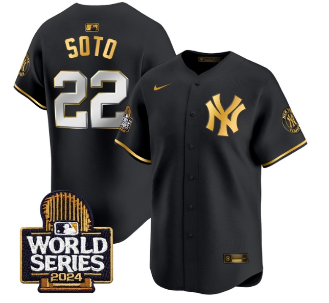 Men's Yankees 2024 World Series Vapor Premier Limited Jersey - All Stitched BLACK GOLD 22 JUAN SOTO