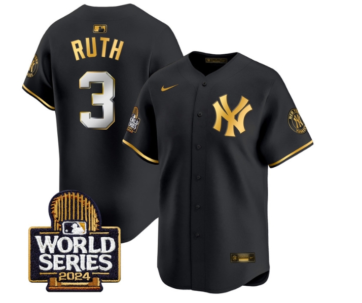 Men's Yankees 2024 World Series Vapor Premier Limited Jersey - All Stitched BLACK GOLD 3 BABE RUTH