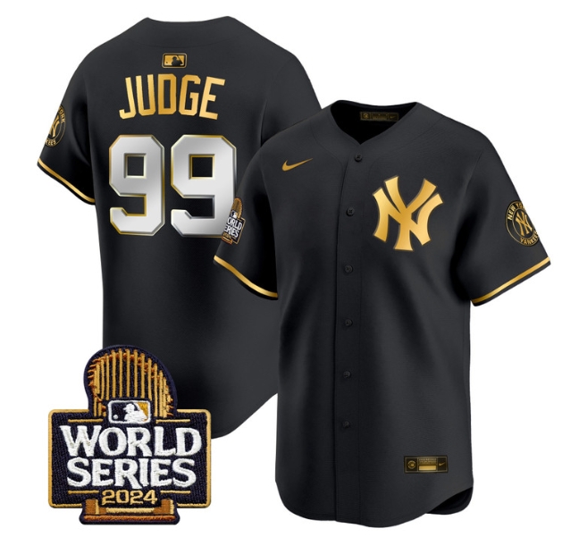 Men's Yankees 2024 World Series Vapor Premier Limited Jersey - All Stitched BLACK GOLD 99 AARON JUDGE