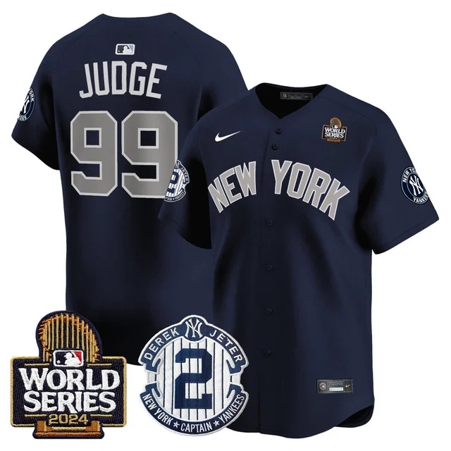 Men's Yankees Derek Jeter Patch 2024 World Series Vapor Premier Limited Jersey - All Stitched Aaron Judge      99