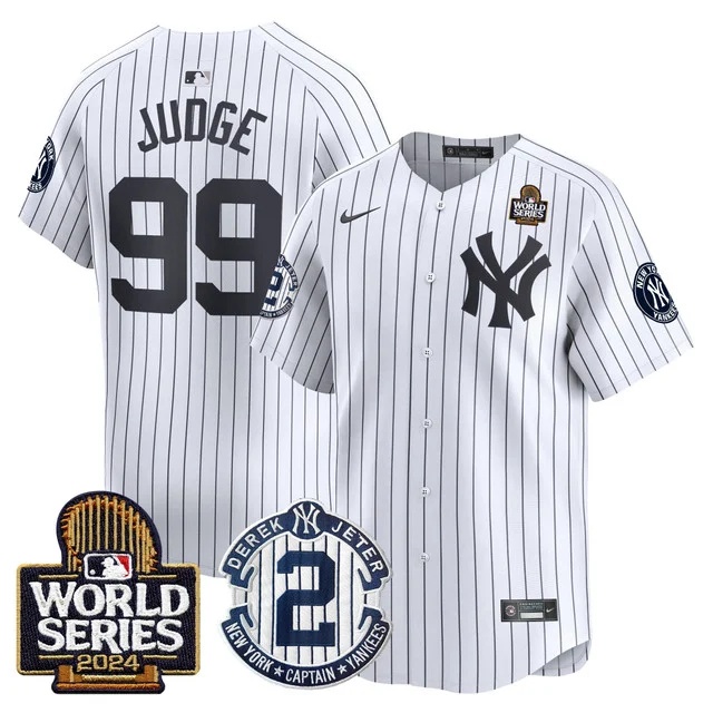 Men's Yankees Derek Jeter Patch 2024 World Series Vapor Premier Limited Jersey - All Stitched Aaron Judge  99