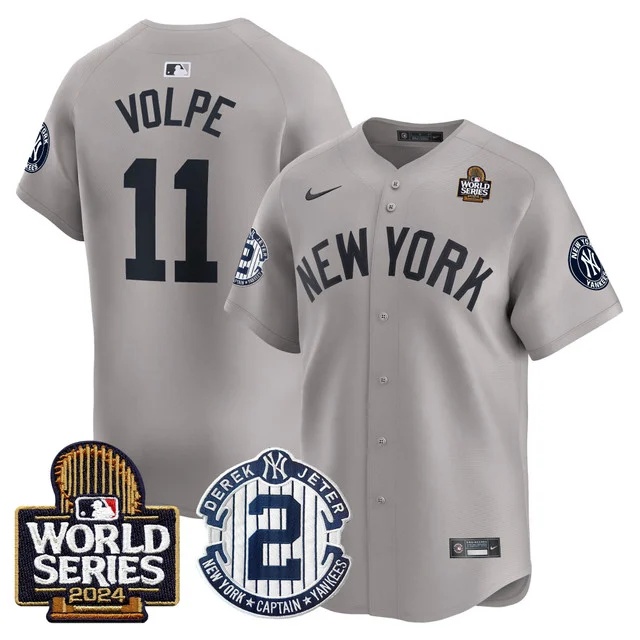 Men's Yankees Derek Jeter Patch 2024 World Series Vapor Premier Limited Jersey - All Stitched Anthony Volpe     11
