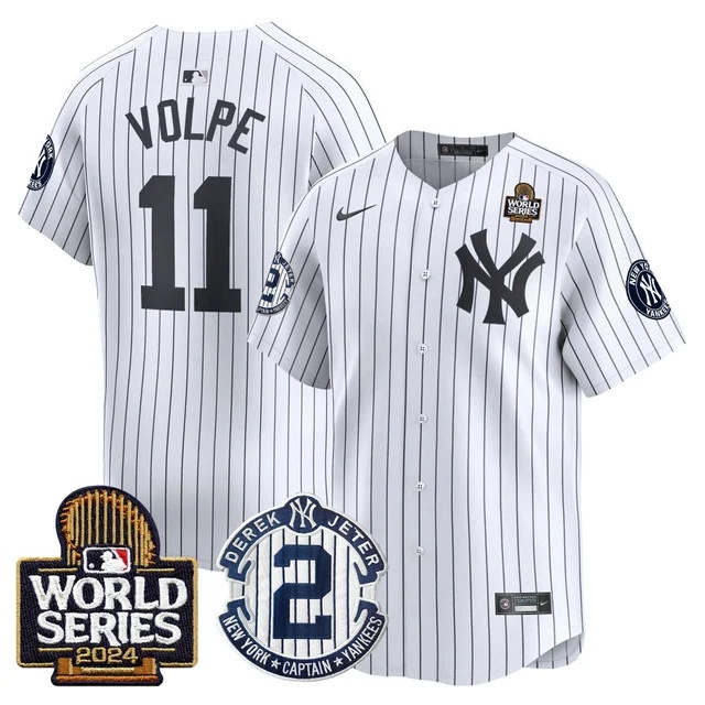 Men's Yankees Derek Jeter Patch 2024 World Series Vapor Premier Limited Jersey - All Stitched Anthony Volpe   11