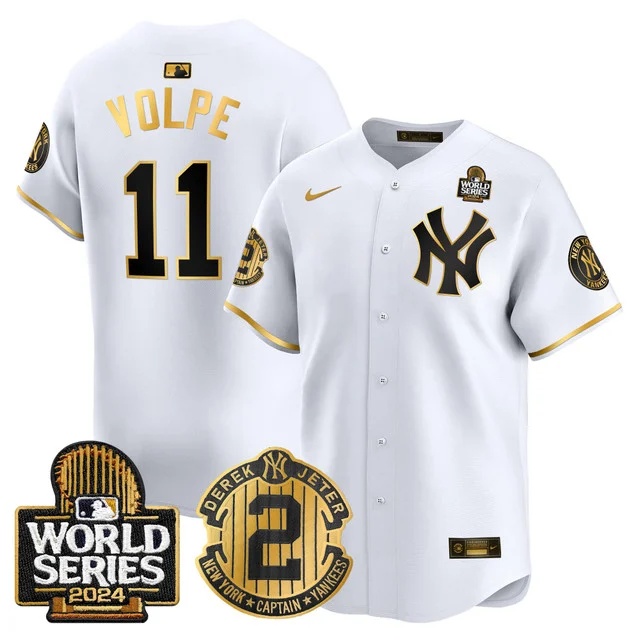 Men's Yankees Derek Jeter Patch 2024 World Series Vapor Premier Limited Jersey - All Stitched Anthony Volpe 11