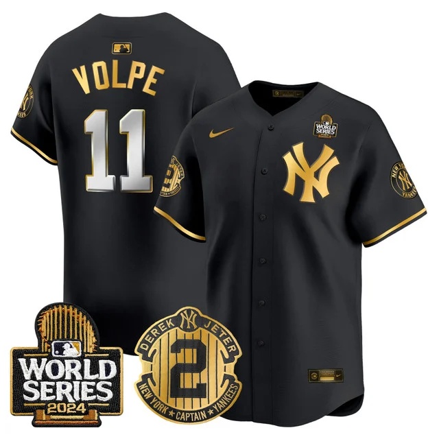 Men's Yankees Derek Jeter Patch 2024 World Series Vapor Premier Limited Jersey - All Stitched Anthony Volpe