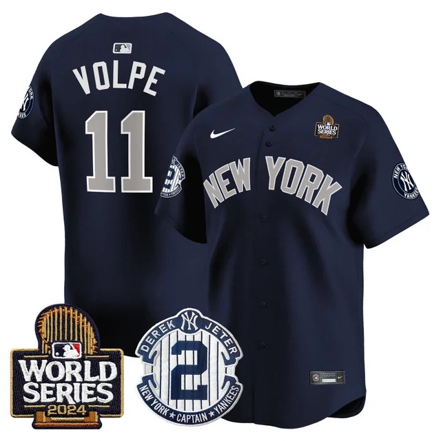 Men's Yankees Derek Jeter Patch 2024 World Series Vapor Premier Limited Jersey - All Stitched Anthony Volpe11